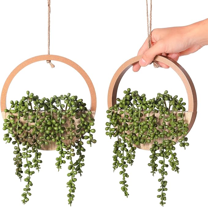 JUSTOYOU 2pcs Fake Hanging Plants Artificial Succulents Wooden Hanging Planter Artificial String of Pearls with Pot and Lanyard for Living Room Bathroom Indoor Outdoor Boho Wall Decor