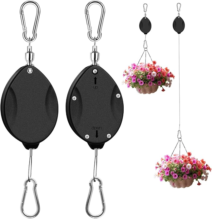2Pcs Upgraded Heavy Duty Retractable Plant Hanger,Plant Pulleys for Hanging Plants,Easy to Raise and Lower,Auto Lock,Adjustable Hook for Garden Baskets Pots,Birds Feeder and Wind Chime,Black