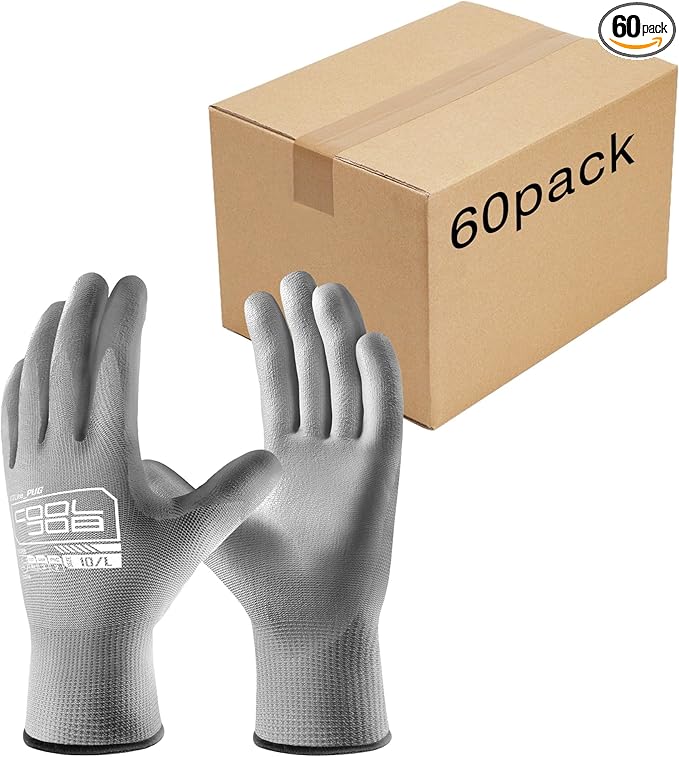 COOLJOB 60 Pairs Safety Work Gloves Pack Bulk with Grip PU Coating, 13 Gauge Seamless Knit Gloves with Polyurethane Dipped for Warehouse Working, Breathable Lightweight for Men Women, Grey Small
