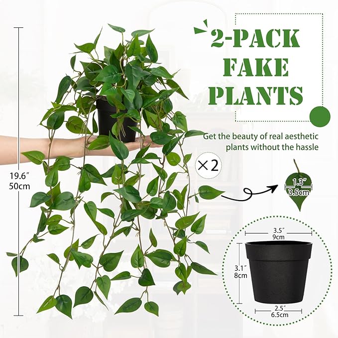 2 Pack Fake Hanging Plants for Shelf in Back Pot, Small Artificial Hanging Ivy Vine Plants Indoor Fake Potted Greenery Plant for Room Bathroom Kitchen Wall End Table Mimi Faux Pothos Plant Set Decor