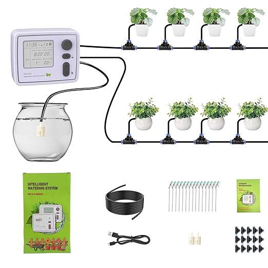 BZONE Dual Channel Automatic Watering System, Timer Drip Irrigation Kit for 20 Potted Plants, with Adjustable Programs & 3 Power Levels, 20 Emitters, 15M Hose for Indoor/Outdoor Garden