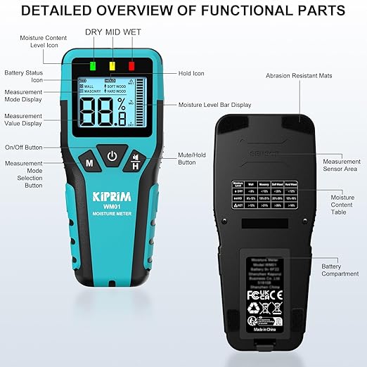 Kiprim Pinless Moisture Meter Home Moisture Level Tester Damp Meter for Floor,Wood, Walls, Concrete – Accurate Non-Destructive Testing Moisture Meter WM01