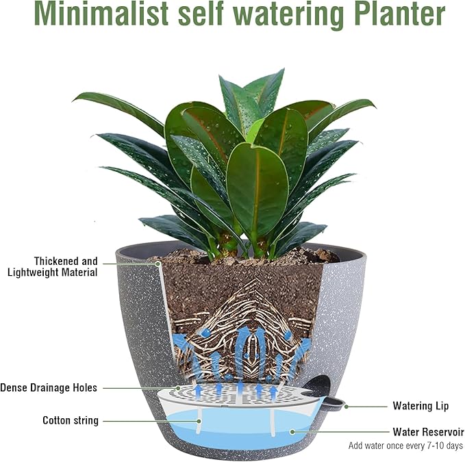 Meowell 12 inch Large Self Watering Pots, Plant Pots with Mesh Drainage Holes for Indoor Outdoor Plants, Plastic Planters with Deep Reservoir for Garden House Flower Plants, Speckled Grey