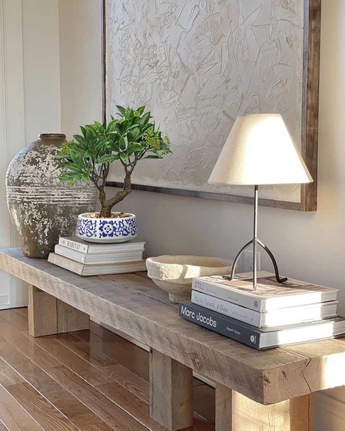 Artificial Bonsai Tree, Small Bay Laurel Bonsais Tree 13" Indoor Bonsai Trees Fake Potted Plant Decorative Fake Desk Plant Decor with Blue & White Ceramic Pot for Home Office Living Room Table Shelf