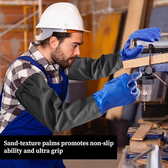 Haiou PVC Chemical Resistant, Long Rubber, Heavy Duty Waterproof Gloves for Chemical and Acid Work, 25 inches, Large-(Blue)