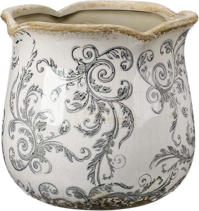 Newtay 6 Inch Ceramic Planter Gray Scroll Planter Decorative Plant Pots with Crackle Glaze for Home Kitchen
