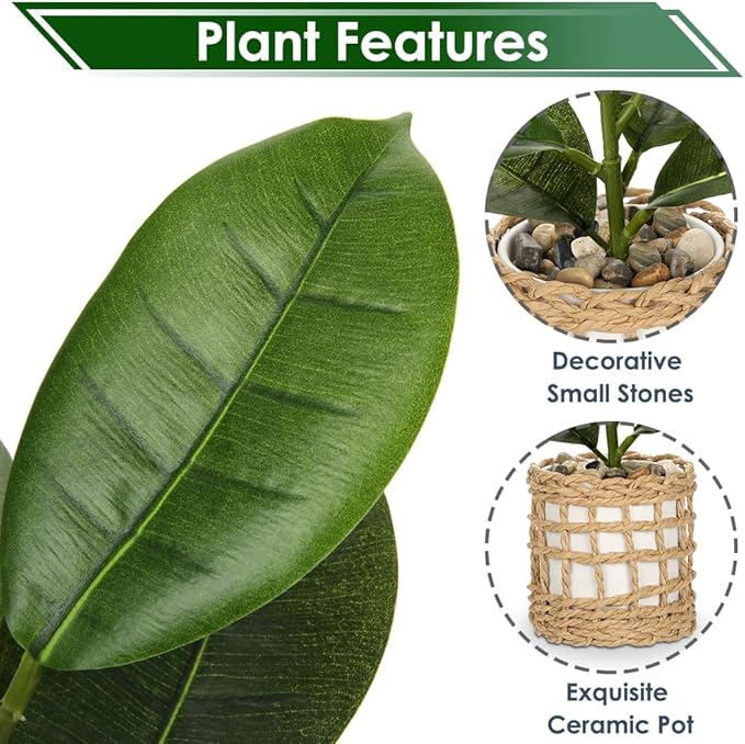 Briful Fake Plants Potted Plant Artificial Realistic Houseplant in White Ceramic Vase Wrapped Woven Pot, Fiddle Leaf Fig Faux Plant Indoor for Home Farmhouse Wedding Living Room Shelf Decor
