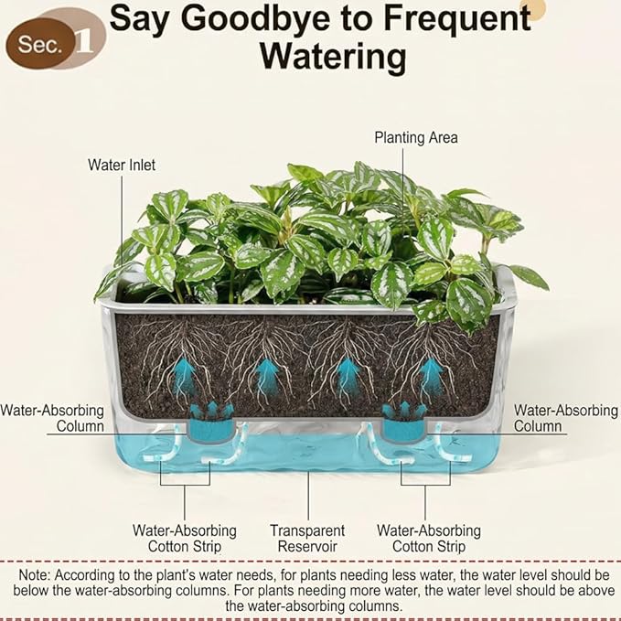 3 Pack Self Watering Rectangular Plant Pots, 11" x 5"x 5" Plant Containers with Drainage Holes, Rectangle Houseplant Window Planters for Succulents, Flowers,Herbs,Vegetables (Grey)
