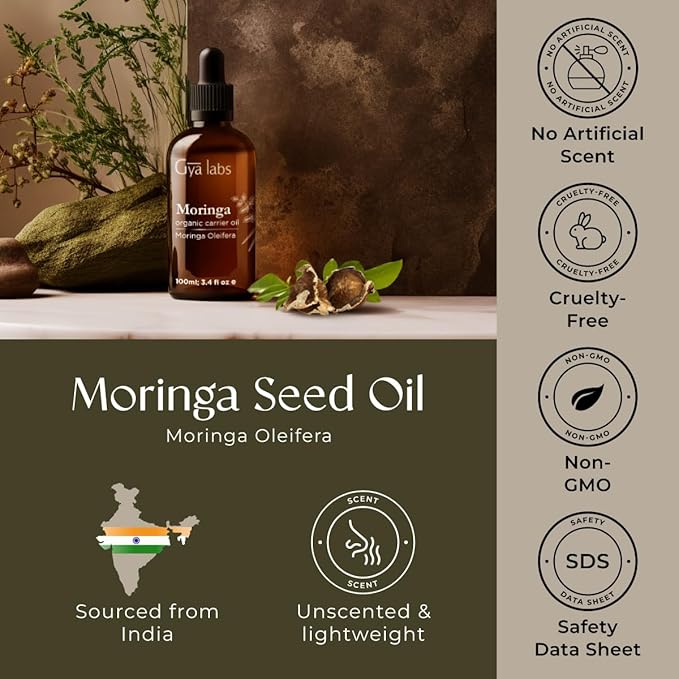 Gya Labs Moringa Seed Oil - 3.4 Fl Oz - Carrier Oil for Hair, Skin, Face, Scalp & Body Massage