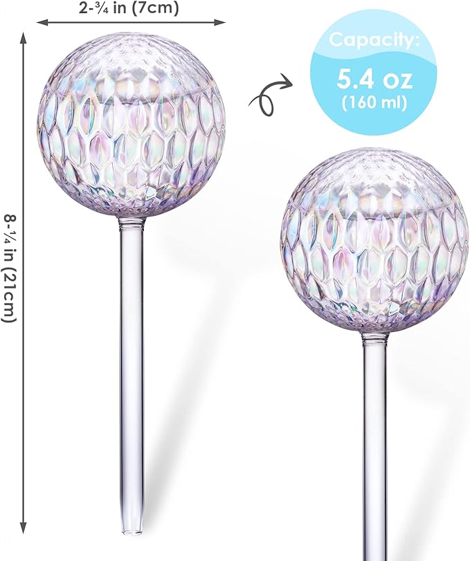 Tomorotec Glass Plant Self Watering Globes 2-Pack Pearl Luster Clear Iridescent Plant Watering Devices, Diamond Indent Pattern Self Watering Bulbs Planter Insert Decorative Vacation Watering Spikes