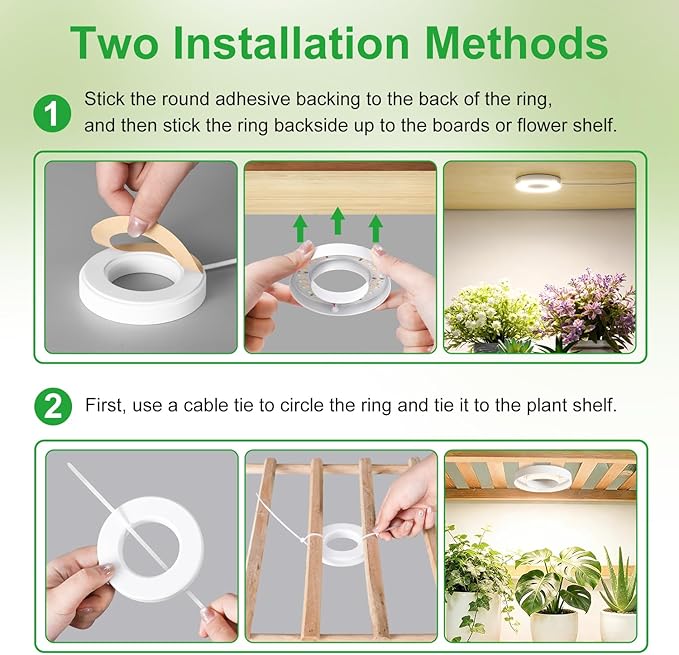 RWNTAO 3.54" Ceiling Grow Light for Indoor Plants, Warm&White Full Spectrum Plant Light, Growing Lamp with 6/12/16H Auto Timing, 10 Dimmable Brightness Levels for Small Plants,2Head