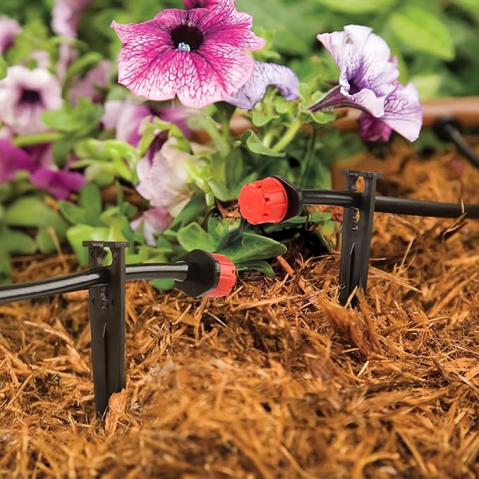 RedChili 100 Pack Irrigation Support Stakes for 1/4 Inch Drip Tubing, Heavy Duty Drip Tubing Hold Down Stakes 1/4" Drip Irrigation Tubing Fittings for Lawn Raised Bed Greenhouse Plant Watering System