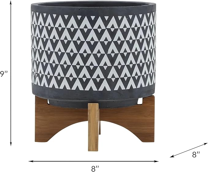 DTY Ceramic Planter Wooden Stand Minimalist Gray Indoor Tabletop Planter - Default