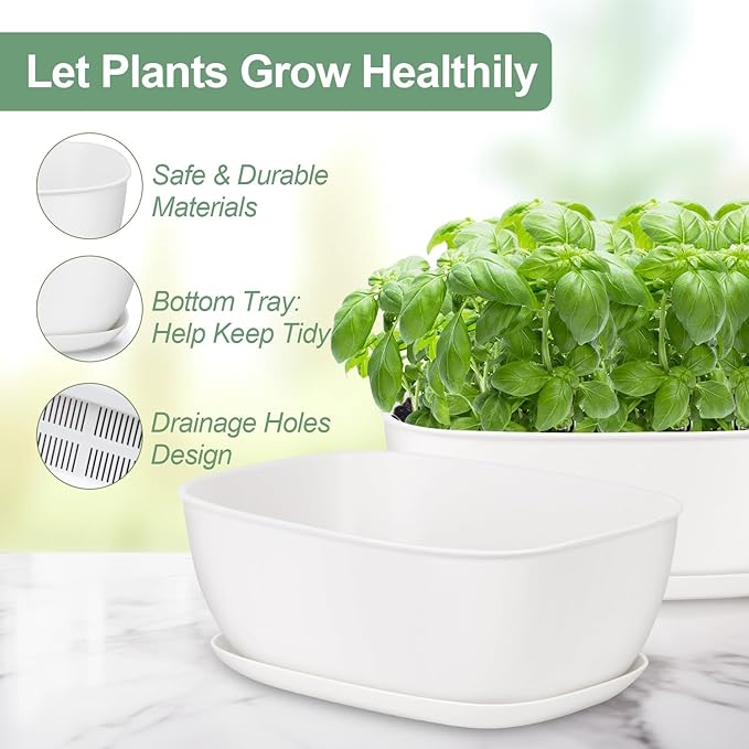 Oliz Set of 8 White Oval Shallow Herb Garden Planters with Drainage Holes and Trays (8.66 Inch) Plant Pots for Herbs Basil Orchids Succulents, Modern Herb Garden Planter for Indoor/Outdoor Plants