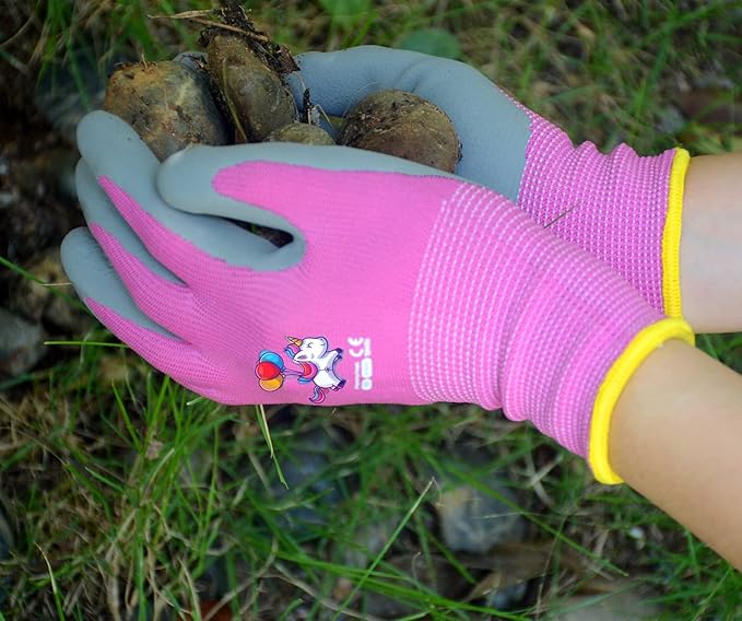KDK Ages 8-10 Kids Gardening Gloves,Yard Work Gloves for Toddlers, Youth, Girls, Boys, Childrens, Soft Safety Rubber Gloves (6 Pairs Green, Blue&Pink, XS Age 8-10)