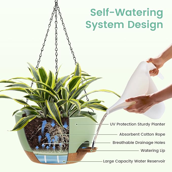 UOUZ Set of 3-10 Inch Self Watering Hanging Planters for Indoor & Outdoor，Hanging Plant Pots with Drainage & Removable Tray, Hanging Pots Holder for Ivy, Ferns, Balcony & Patio, Green and Brown
