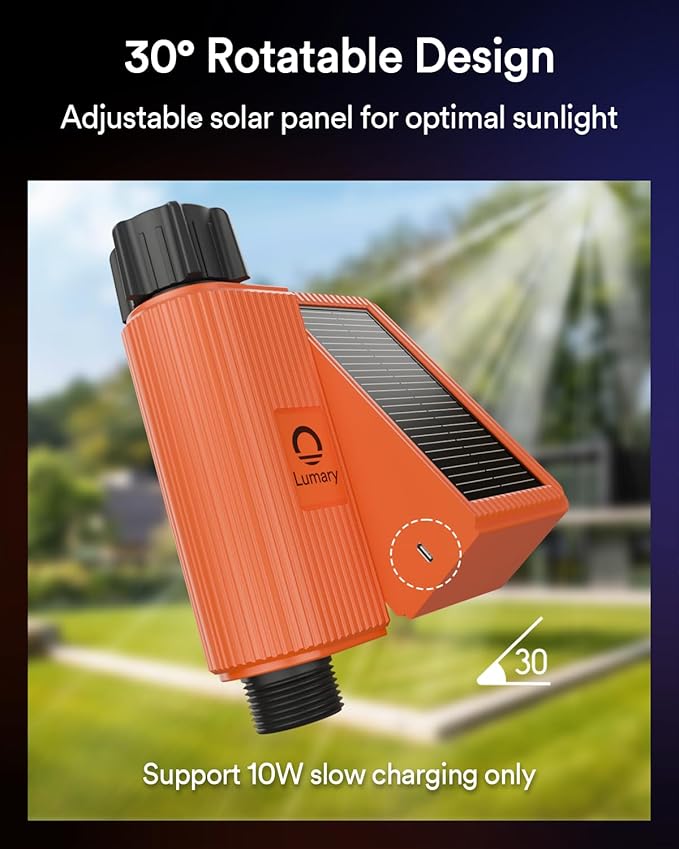 Lumary Solar WiFi Sprinkler Timer with Flow Monitor, Smart Water Timer for Garden Hose, Remote Control with App/Alexa via 2.4Ghz, Auto Irrigation Controller for Lawns Yard, Support C-Port Charging 10W
