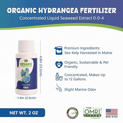 Organic Hydrangea Fertilizer, OMRI Listed Liquid Seaweed Extract Plant Food, 2oz Concentrated Kelp Meal Nutrient Boost for Blooming Vibrant Growth