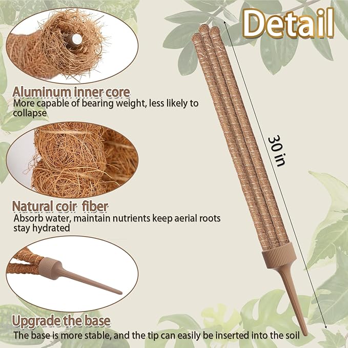 3 Moss Poles in 1, Bendable Monstera Plant Support, 30IN Tall Plant Stakes for Indoor Plants, Coir Pole Plant Support for Climbing Plants, Pothos, Philodendron-2 Pack