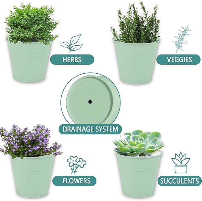 Indoor Herb Garden Set of 3 with Tray and 3 Types of Gardening Tools, Metal Plant Pots Herb Garden Planter Kit with Drainage for Plants (Green)