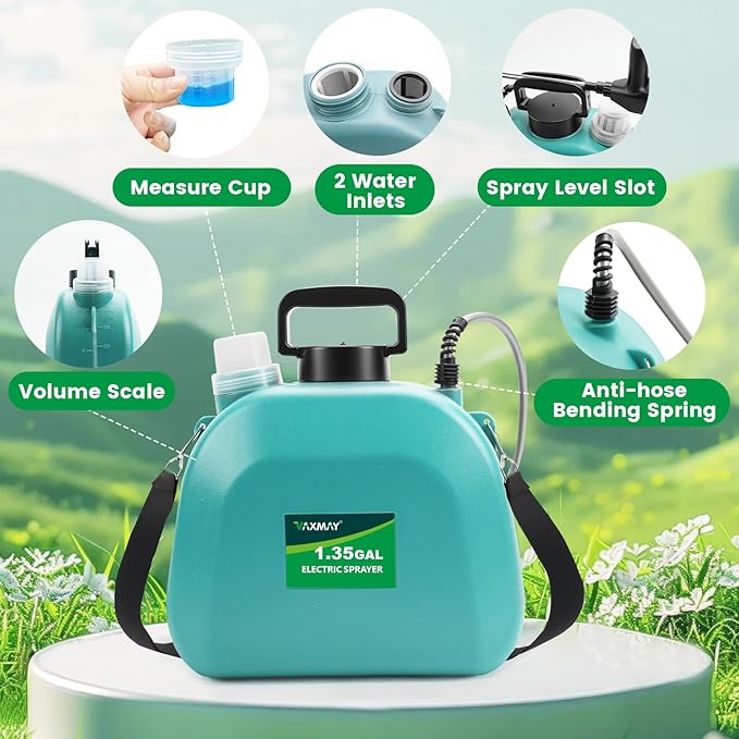 Battery Powered Sprayer 1.35 Gallon, 2026 Electric Garden Sprayer with 3 Adjustable Speeds, 4 Mist Nozzles, Rechargeable Handle, Retractable Wand with Adjustable Shoulder Strap for Weed Lawn(Green)
