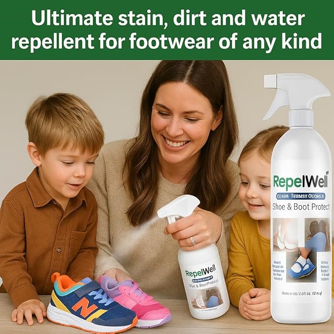 RepelWell Shoe & Boot Stain & Water Repellent (12oz) Eco-Friendly, Pet-Safe Spray Keeps Fabric, Leather & Suede Clean & Dry