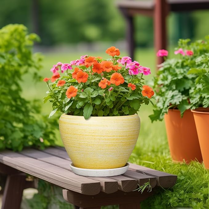 Ceramic Planter 10 Inch - Ceramic Pots for Plants Indoor Outdoor, Modern Plant Pots with Drainage Hole and Saucer, Round Decorative Planter, Bedroom Decor, Gardening Gifts, Textured Yellow