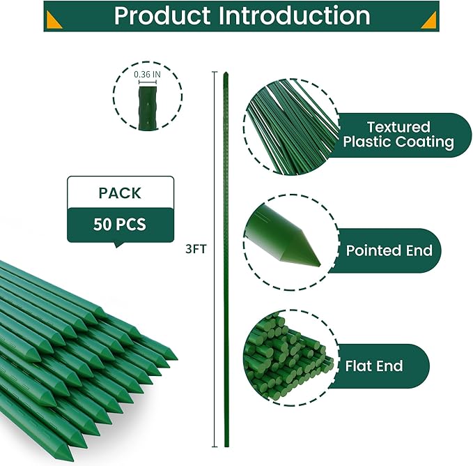 PROWORX 36 Inch 3 Ft Plant Support Garden Stakes 50 PCS, Sturdy Steel Plastic Coated Sticks for Outdoor Growing Climbing, Tomato, Trees, Cucumber, Beans
