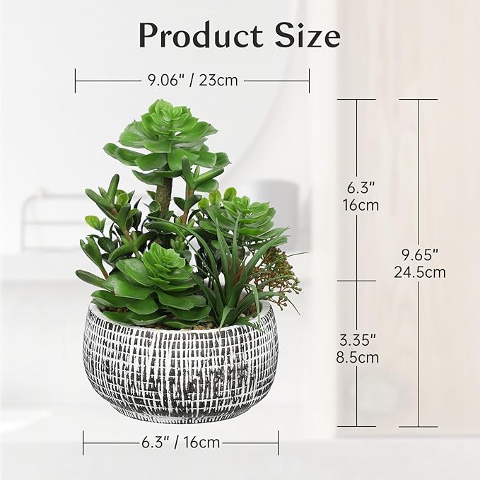 Villa Como 10” Large Succulents Plants Artificial in Ceramic Pots Potted Faux Succulent Arrangement with Black Bowl Pots Fake Desk Succulents Plants for Home Bathroom Shelf Table Indoor Decor