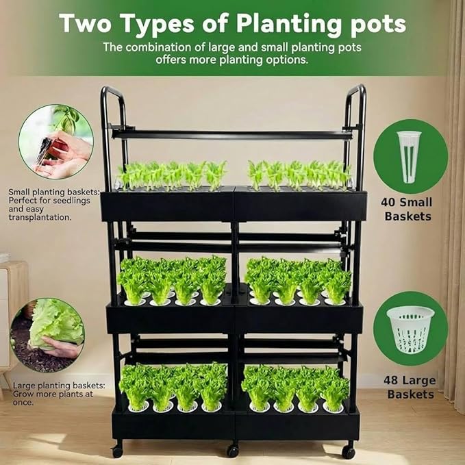 Large 3-Tier Indoor Hydroponics System Kit with Grow Lights, Dual Growing Medium, Double Water Pump Indoor Garden, 88 Pods for Vegetables Herbs Microgreens (Black)