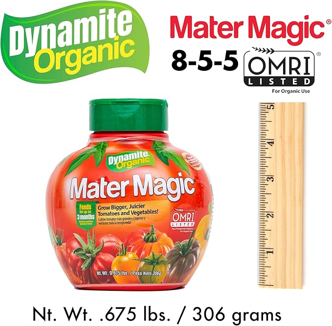 Dynamite Mater Magic - Organic Tomato Fertilizer for Bigger, Juicier Tomatoes and Vegetables, OMRI Listed, Nitrogen and Calcium-Rich Plant Food - .675 Pound Container with Shaker Lid (Pack of 2)