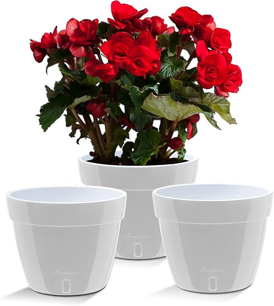 Santino ASTI 7.1 Inch Self Watering Planters Grey/White (Set of 3) for Indoor Plants - Premium Quality Modern Plastic Pot w/Water Level Indicator for All House Plants, African Violets and Dahlias