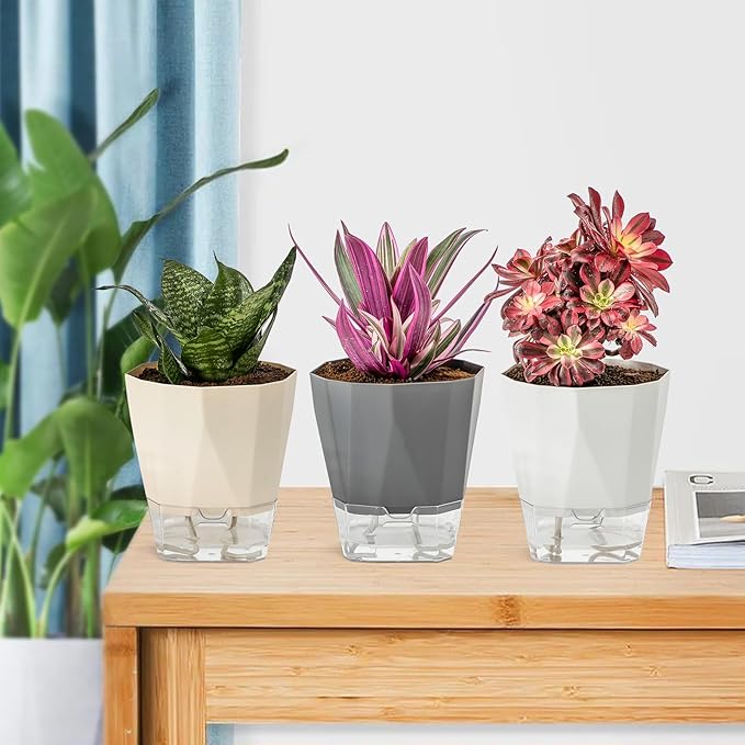 6-Pack Self Watering Planter Pots, 5 Inch Plastic Planters with Drainage Holes, Cotton Rope and Trays, Decorative Flower Pots for Indoor Outdoor Garden Plants (Multicolor)