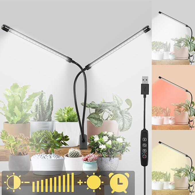 2 Head Grow Lights for Indoor Plants, 6000K Full Spectrum Grow Light for Flowers, Fruits, Vegetables, Auto On Off Timing, 9 Dimming, 360 Degree Adjustable Plant Lights, 1 Pack