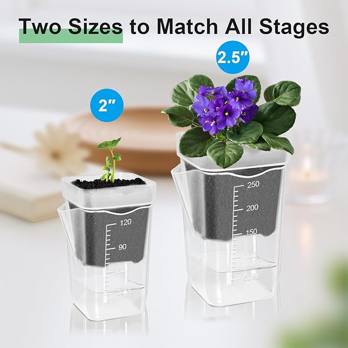 50 Pack 2.5" Clear Self Watering Pots for Indoor Plants, Semi Hydroponic Pots with Drainage & Water Level & Plant Label, Plastic Nursery Pots for Propagation, African Violet