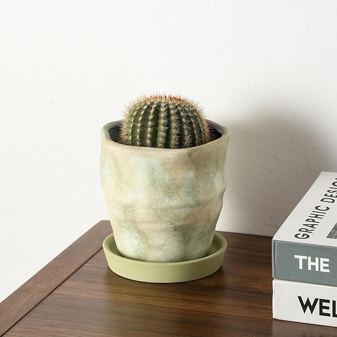 Modern Irregular Ceramic Planter Set of 2-4+6 Inch Unique Reactive Glaze Flower Pots with Drainage Holes & Saucers - Indoor Outdoor Decorative Succulent Orchid Pots, Light Green