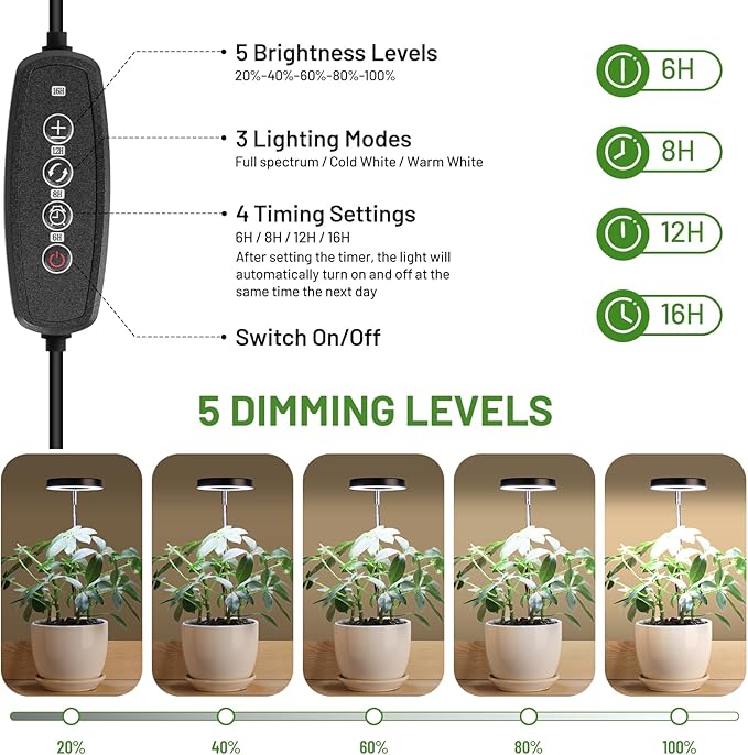 LBW Grow Light for Indoor Plants,Full Spectrum Plant Light with Base,Height Adjustable Plant Grow Lamp with Auto Timer 6/8/12/16H, 3 Colors,5 Dimmable Brightness, for Small Plants,Black, 3 Packs