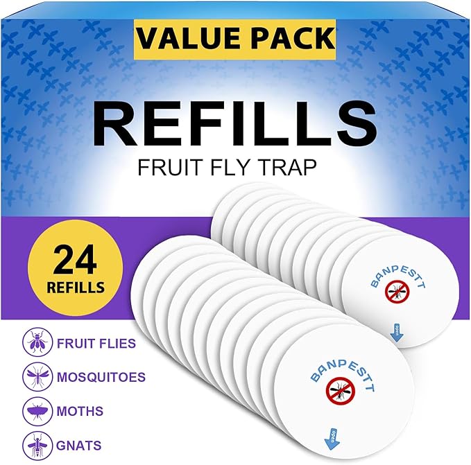 Fruit Fly Trap Refills 24 Pack, 4.3" Sticky Glue Boards Compatible with Most Round Gnat Traps for Indoor Use (Device Not Included)