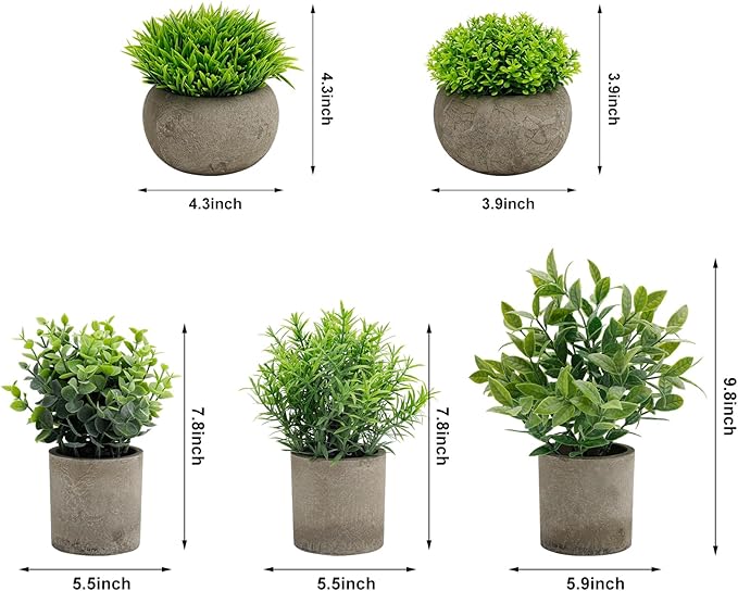 AUUGUU Artificial Potted Plants Faux Greenery in Cement Pots for Shelf, Bookshelf, Office or Home Decor, Small Decorative Fake Plants for Modern Indoor Display