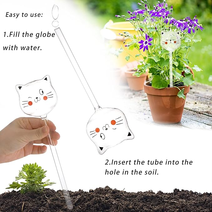SOUJOY 6 Pieces Self Watering Bulb, Glass Plant Watering Globes, Hand Blown Cat Shape Automatic Watering Spike Device for Indoor and Outdoor Plants
