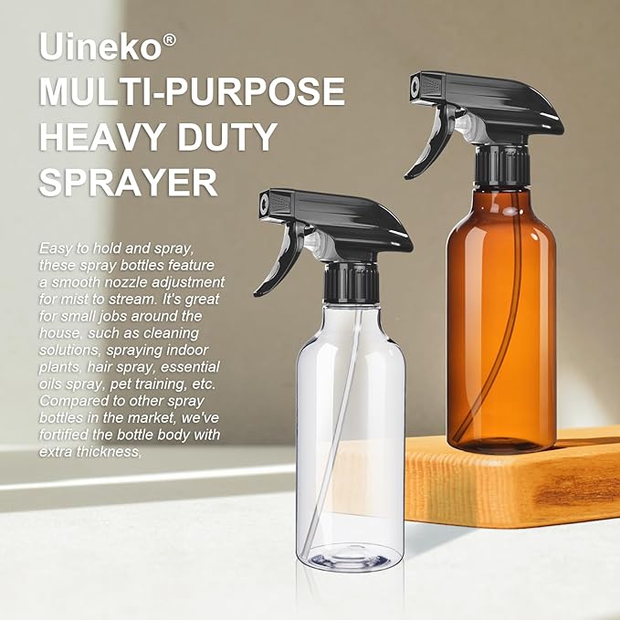 Uineko Spray Bottles 2-Pack, 10 Oz, Mist & Stream, Heavy Duty Spraying Empty Water Sprayer Bottle, BPA Free Plastic Refillable Containers for Cleaning Solutions, Plants, Hair, Essential Oils (Amber)
