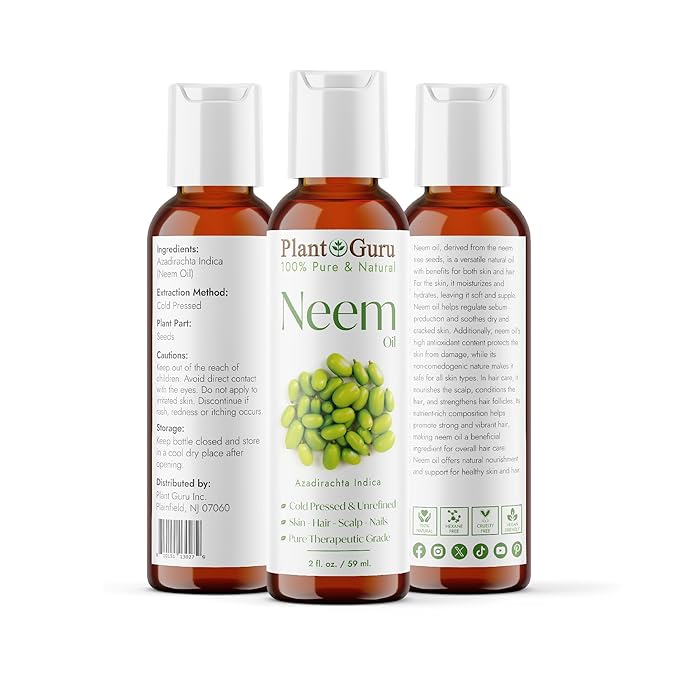 Plant Guru Neem Oil 2 fl. oz. – Unrefined Cold Pressed 100% Pure Natural – Nourishing for Skin, Hair, and Scalp – Hydrating and Moisturizing.