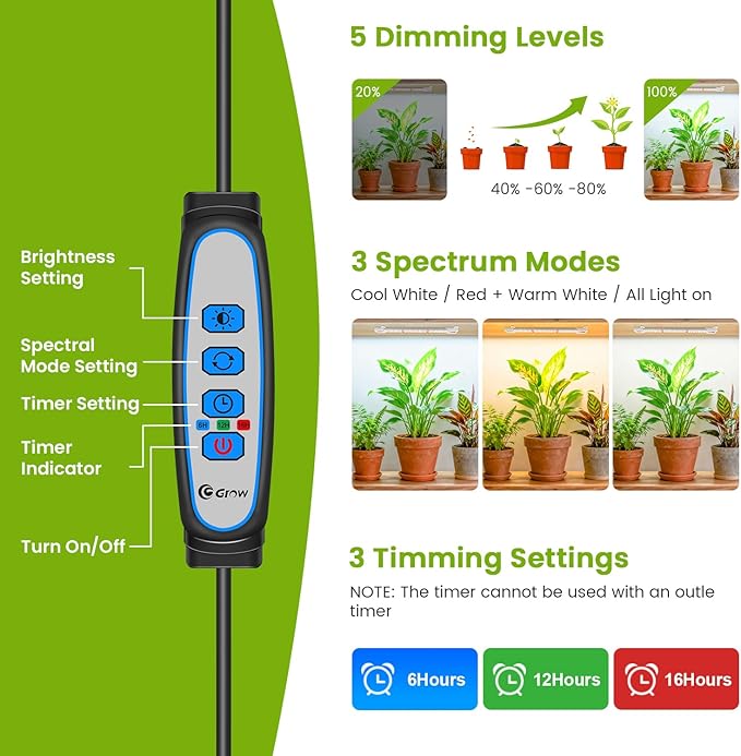 Kullsinss 8 inches LED Grow Light Strips, Full Spectrum Plant Lights for Indoor Growing with 6/12/16H Timer, 3 Color Modes, 5 Dimmable Levels, Grow Lamp for Seedling, Perfect for Indoor Plant Stand