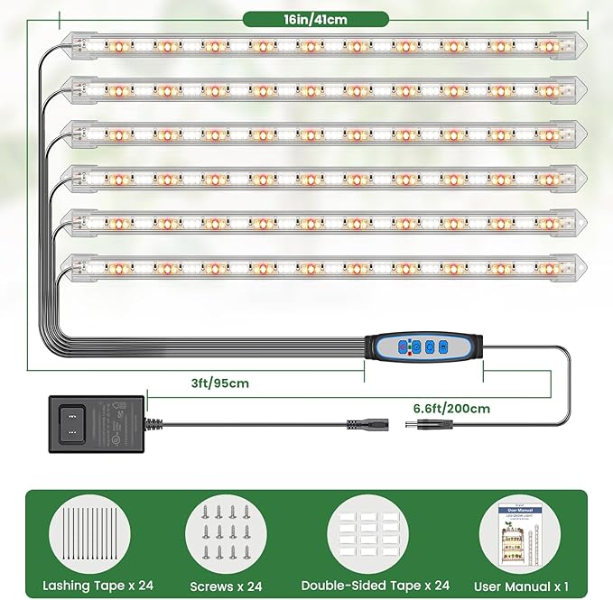 Kullsinss Under Cabinet Grow Light Strip, 36W 360LEDs Grow Lights for Indoor Plant Full Spectrum 660nm/3000K/6000K Grow Lamp with 6/12/16H Timer, 3 Spectrum Modes, 5 Brightness Levels (6 Bars/2 Pack)