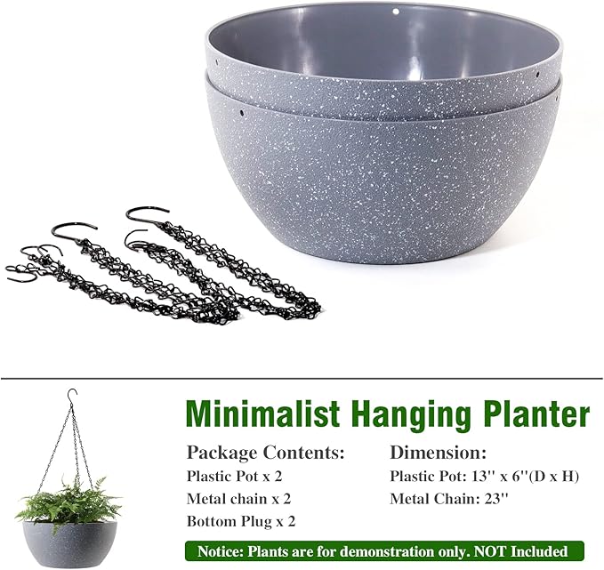 WSMKSZ 13 inch Large Hanging Planters Plant Pots for Outdoor Indoor Plants with Drainage Holes and Chain, 2 Pack Round Hanging Flower Pots for Garden Home Porch Decor, Speckled Grey