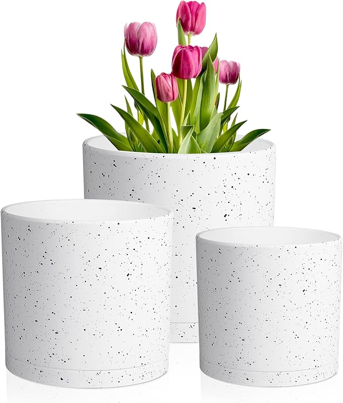Meowell 8/7/6 inch Flower Pots, 3 Set Cylindrical Plant Pots for Outdoor Indoor Plants, Decorative Plastic Planters with Drainage Holes and Saucers for Garden House Plants, White with Black Speckles