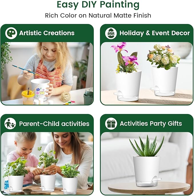 Meowell 4 inch Self Watering Pots for Indoor Plants, 5 Pack Small Flower Plant Pots with Drainage Holes and Clear Reservoirs, Visible Water Level, Plastic Planters with Wicking Rope, White
