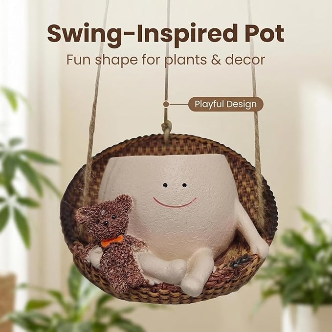 TEARS OF GAIA Hanging Planters for Indoor Plants, Smiley Face Planter Pot Cute Resin Flower Head Planters with Drainage, for Mom, Funny Succulent Plant Lover Gift for Plant Lovers (Teddy Bear)