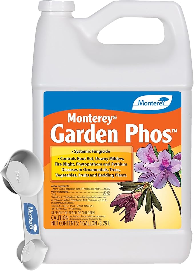 Monterey Garden Phos Bundled with Measuring Spoon - Fungicide for Root Rot, Downy Mildew, Fire Blight, Sudden Oak Death, Phytopthora & Pythium, 1 Gallon