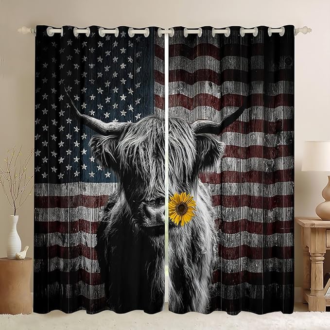 Feelyou Highland Cattle Window Curtains Bedroom Living Room Sunflower Highland Cow Curtains Kids Room Decor Boys Girls America Flag Bull Window Drapes Animal Window Treatments 52W X 90L，2 Panels